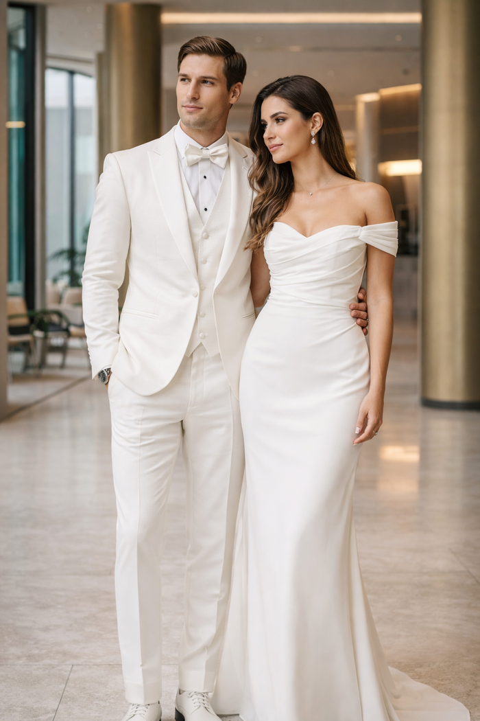 White Groom Tuxedo with Floral Lace Vest - Luxury Men's Wedding Attire
