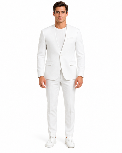 White Linen Suit For Summer - Collarless Blazer and Pants Collarless Lapel - No Lapel Casual!