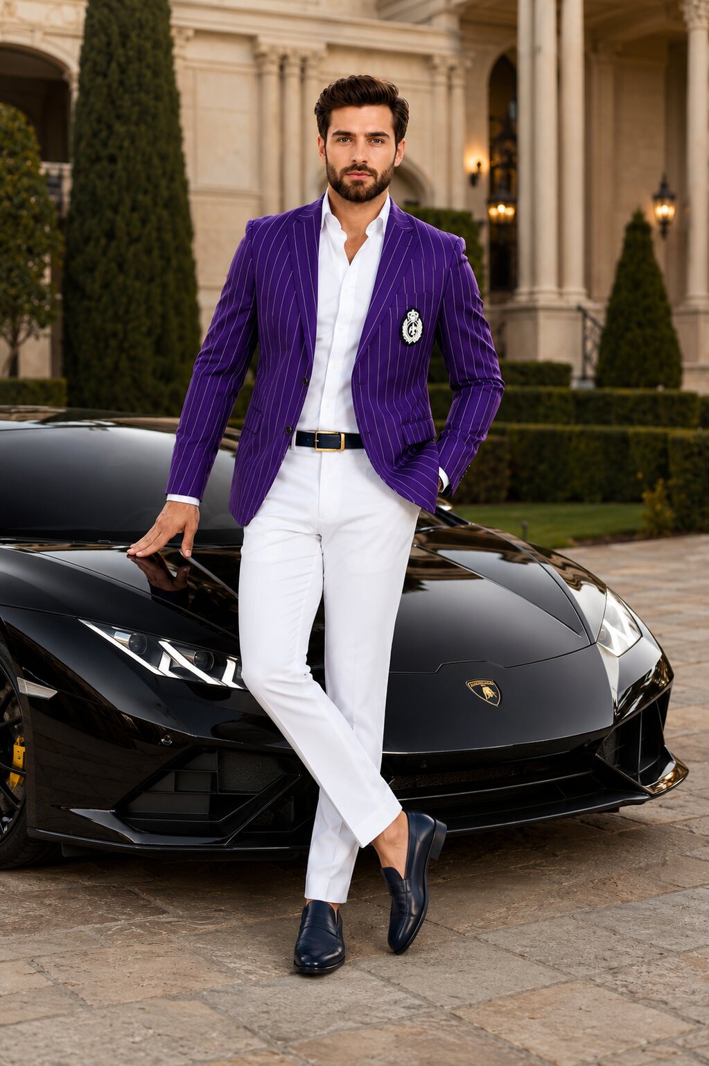 Purple pinstripe blazer with white pants suit party blazer