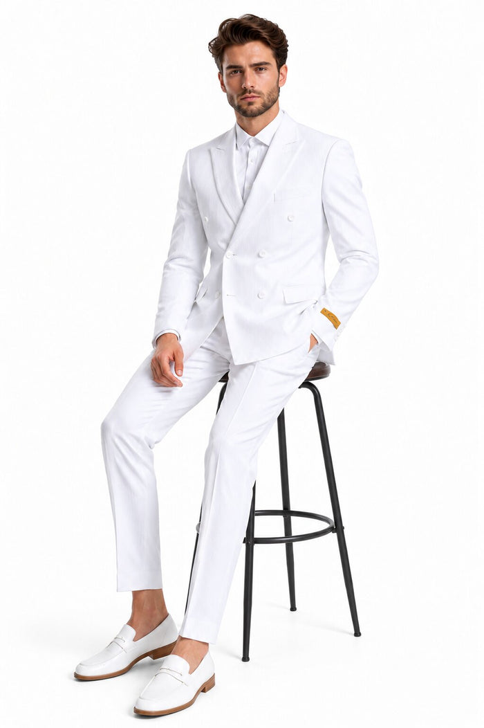 Mens Double Breasted Summer Seersucker Suit in White Pinstripe