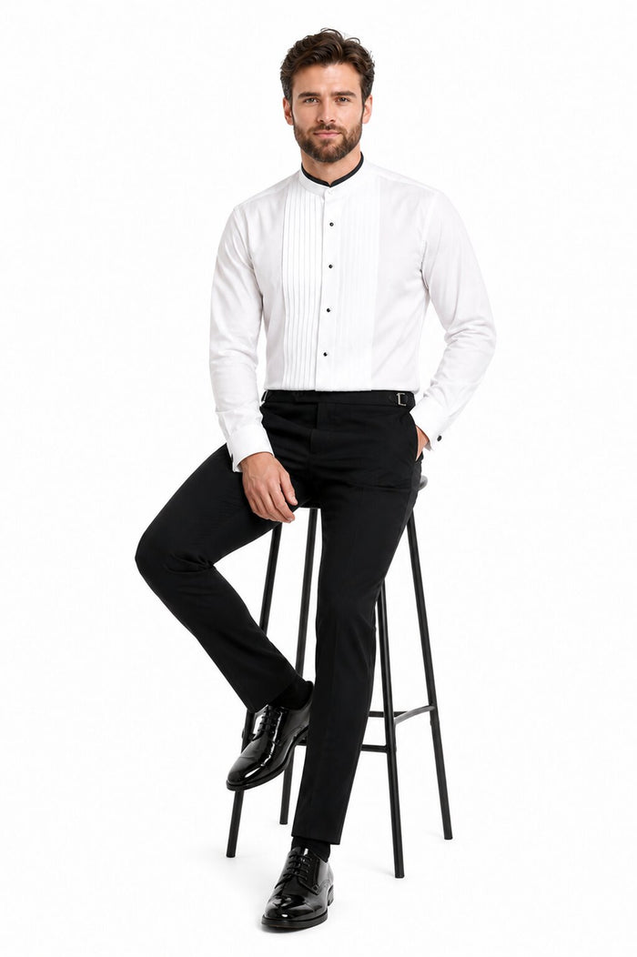 Mens Cotton Pleat Front Mandarin Shirt in White