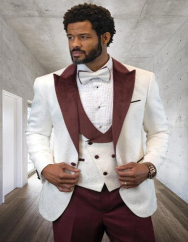 Maroon Tuxedo  - Mens Burgundy Tuxedo Jacket + Vest + Pants - Single Breasted Wedding Tuxedo