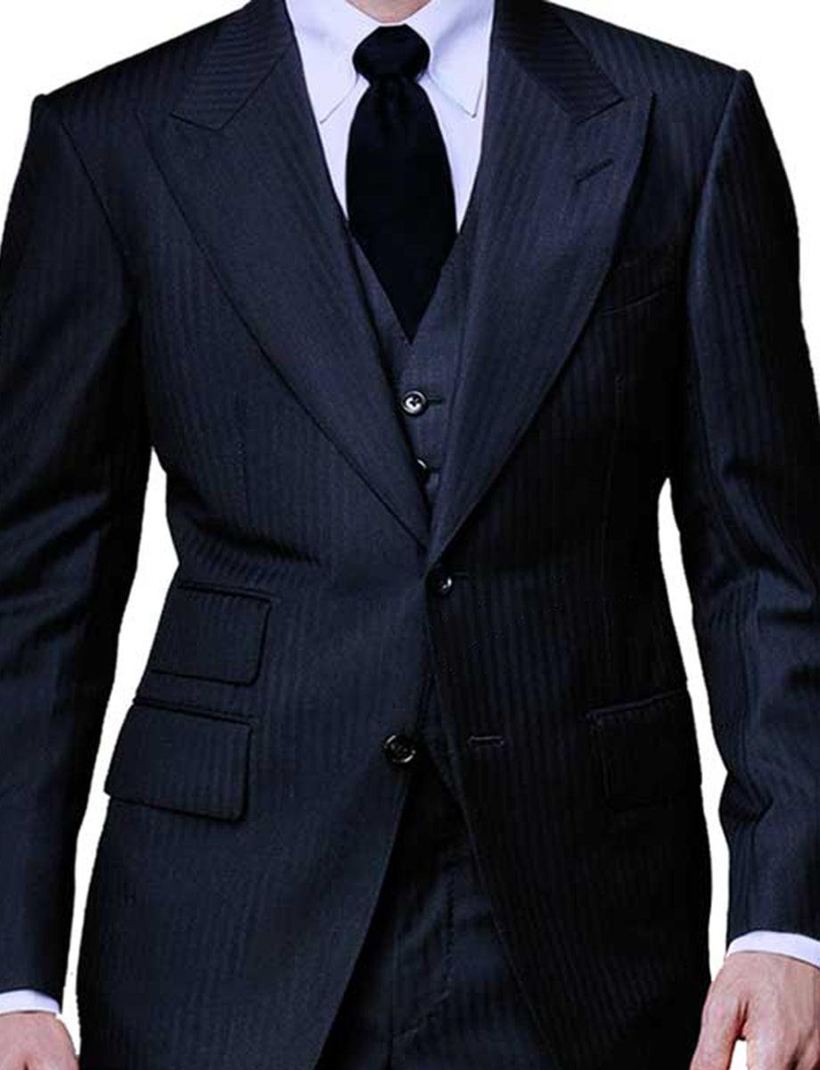Men’s Navy Herringbone Textured 3 Piece Suit Set, Classic Formal Blazer, Waistcoat and Trouser Outfit