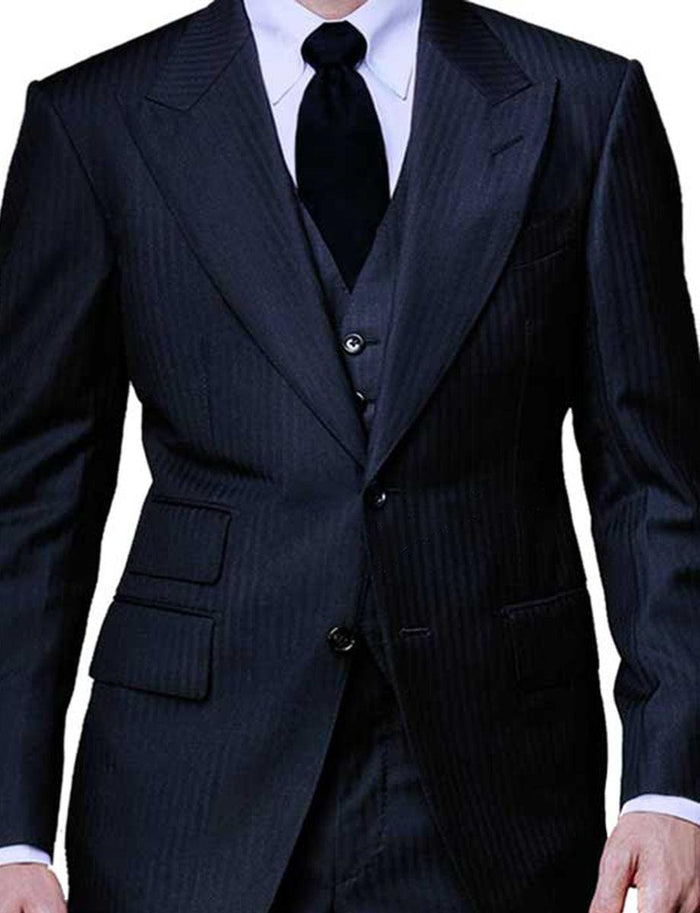 Men’s Navy Herringbone Textured 3 Piece Suit Set, Classic Formal Blazer, Waistcoat and Trouser Outfit