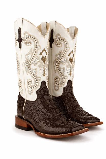Ferrini Women's Rancher Square Toe Boots Crocodile Print - Chocolate/White 9049309