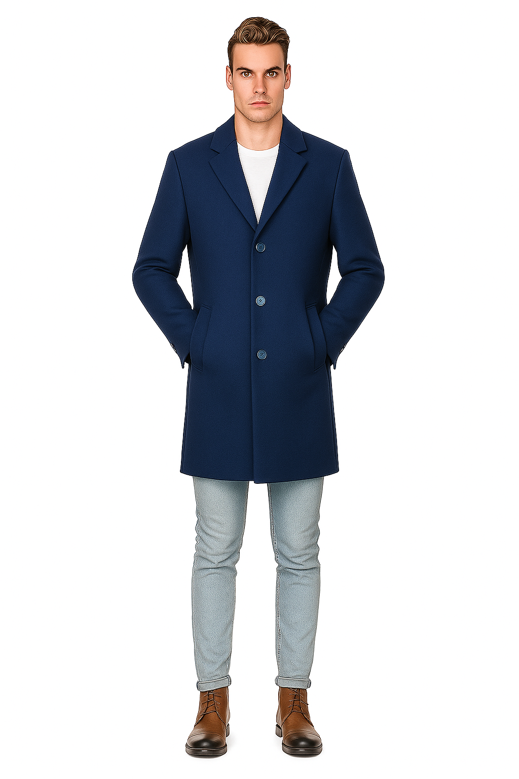 French Saphire Blue Wool and Cashmere Carcoat in Color "Indigo Blue" - Topcoat Three Quarter