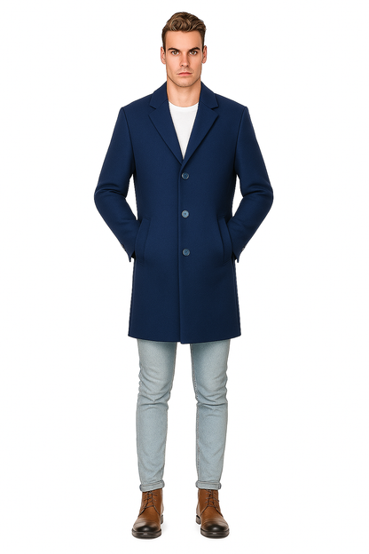 French Saphire Blue Wool and Cashmere Carcoat in Color "Indigo Blue" - Topcoat Three Quarter