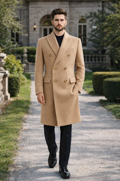 Men's Wool And Cashmere Double Breasted Long Overcoat Beige ~ Camel Three Quarter Winter Men's Topcoat Sale
