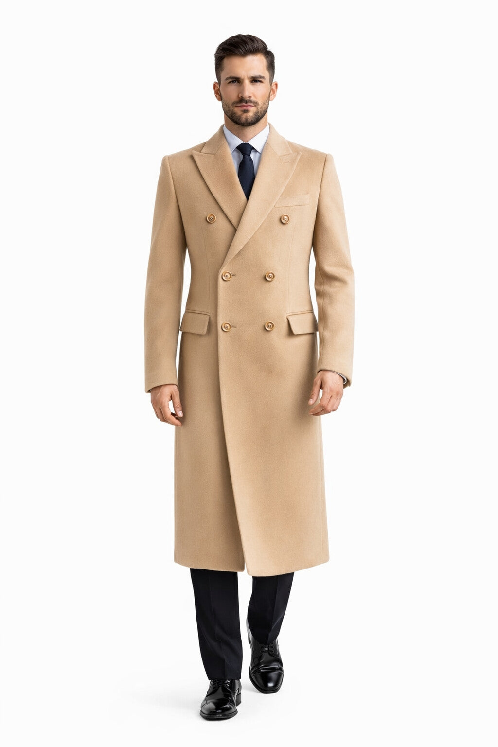 Men's Wool And Cashmere Double Breasted Long Overcoat Beige ~ Camel Three Quarter Winter Men's Topcoat Sale