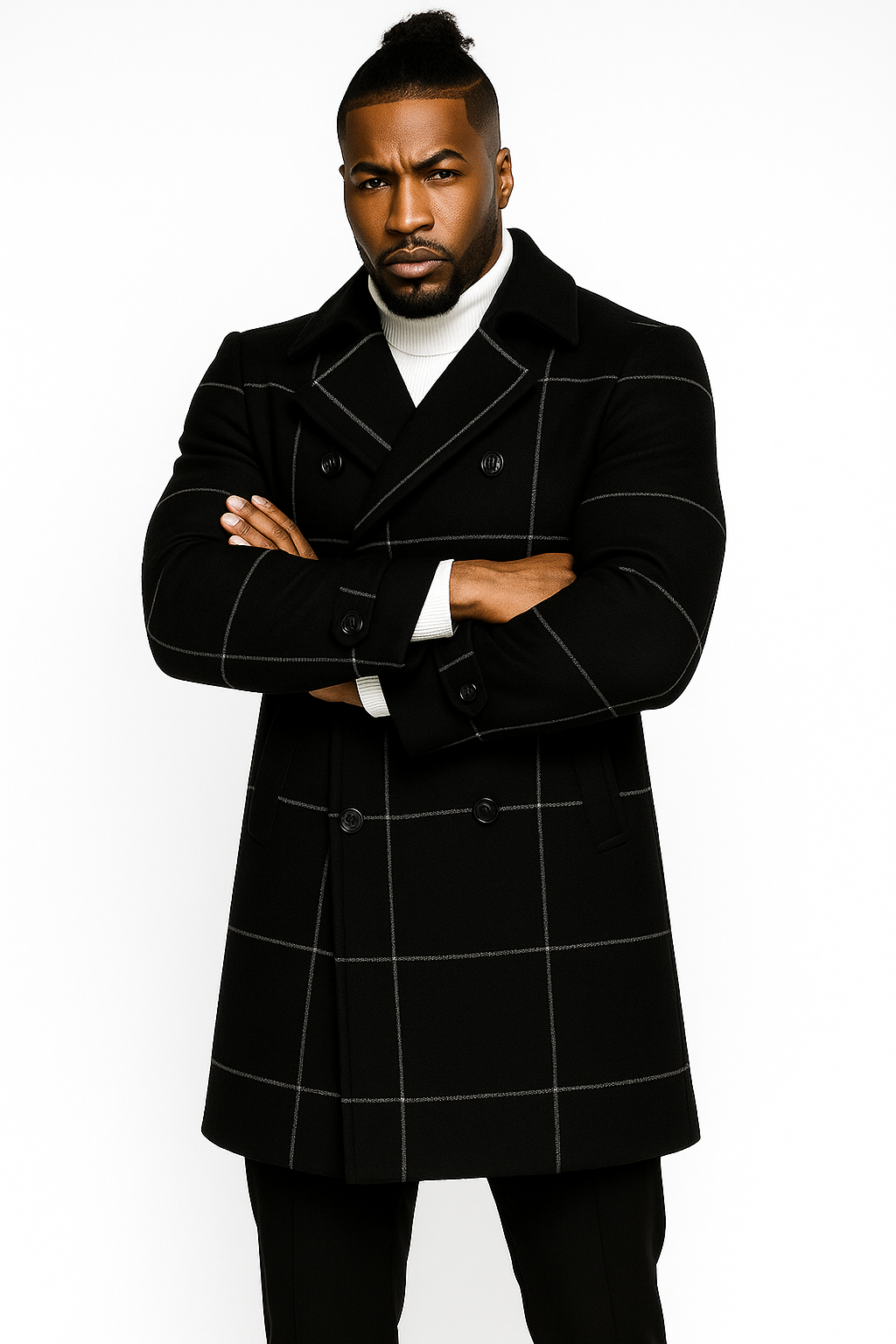 Mens Plaid Overcoat - Wool Peacoat - Plaid Topcoats Six Button Black