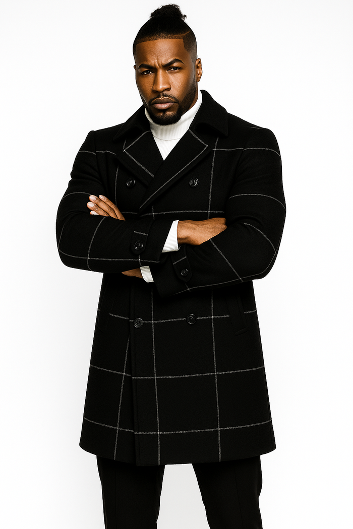 Mens Plaid Overcoat - Wool Peacoat - Plaid Topcoats Six Button Black