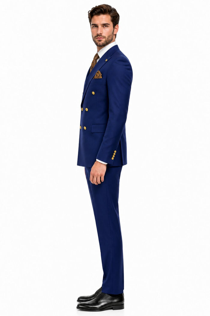 Mens Double Breasted Blazer - Wool Royal Blue Sport Coat With Gold Buttons