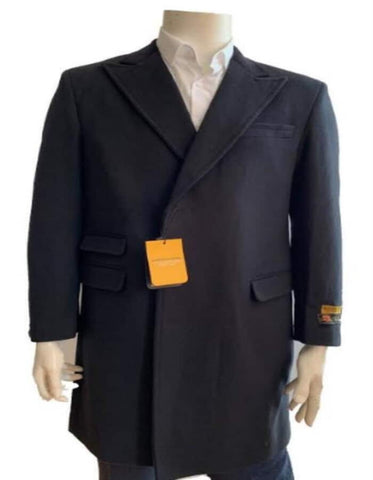 Mens Overcoat - Wool Three Quarter Car Coat + Black