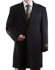 Men's Three Quarter Length Wool/Cashmere 2 Buttons Luxury Long men's Dress Topcoat - Winter coat Black