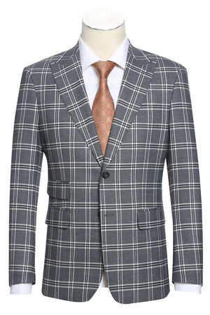 Mens Designer Slim Fit Peak Lapel Suit in Grey Windowpane Plaid