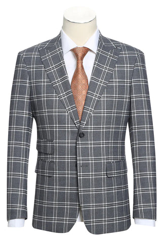 Mens Designer Slim Fit Peak Lapel Suit in Grey Windowpane Plaid