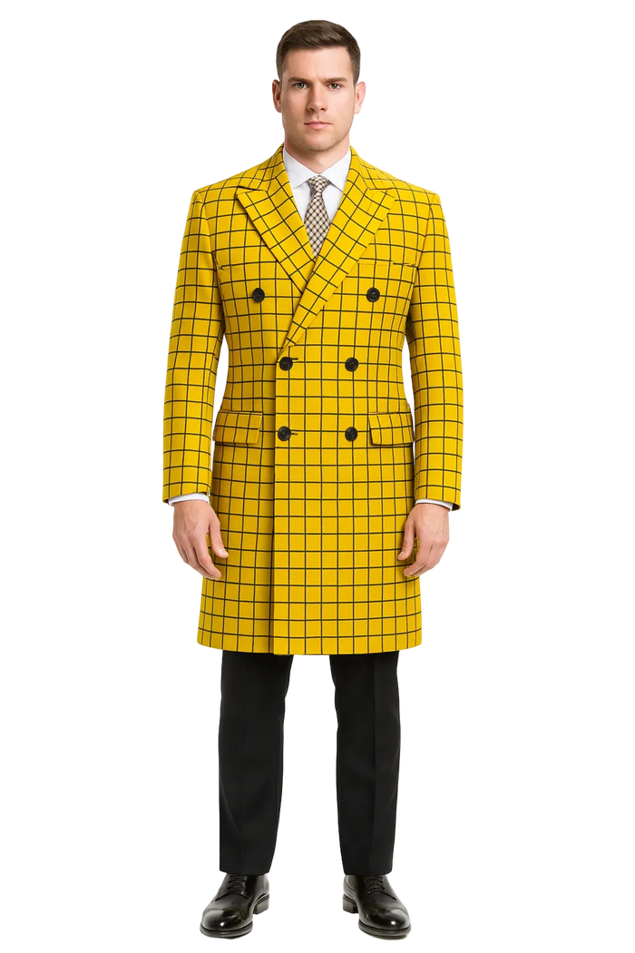 Mens Plaid Overcoat - Wool Peacoat - Plaid Topcoats Yellow