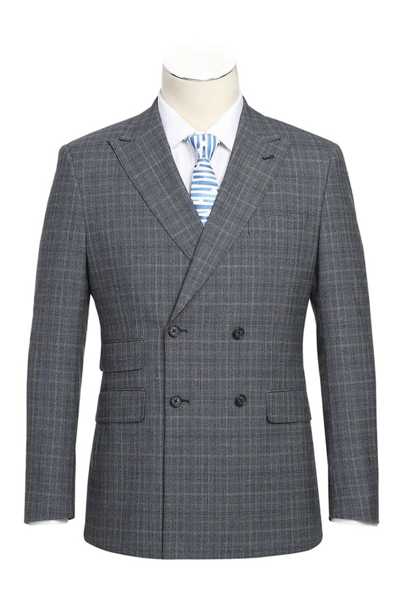 Mens Designer Slim Fit Double Breasted Suit in Light Grey Windowpane Plaid Check