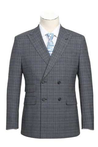 Mens Designer Slim Fit Double Breasted Suit in Light Grey Windowpane Plaid Check