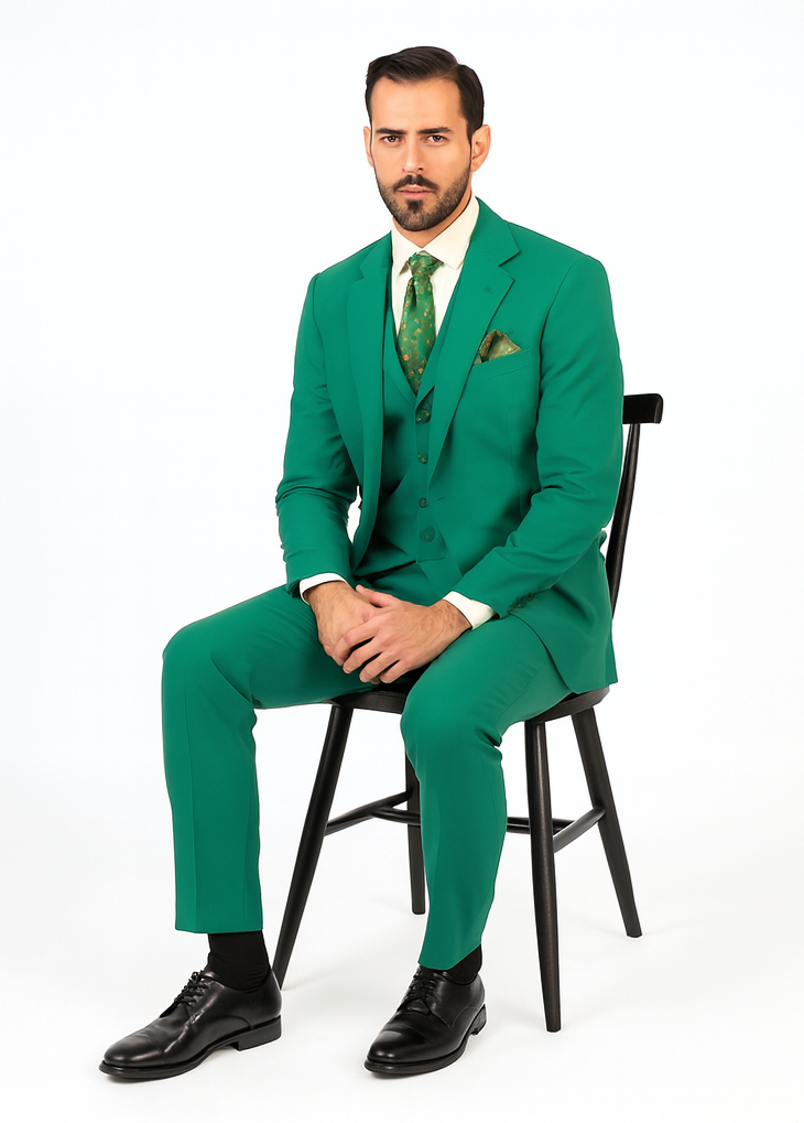 In Aguasta Green - Emerald Color Zacchi Men's 3 Piece Poplin Suit  Spring Colors & Award Winning Design