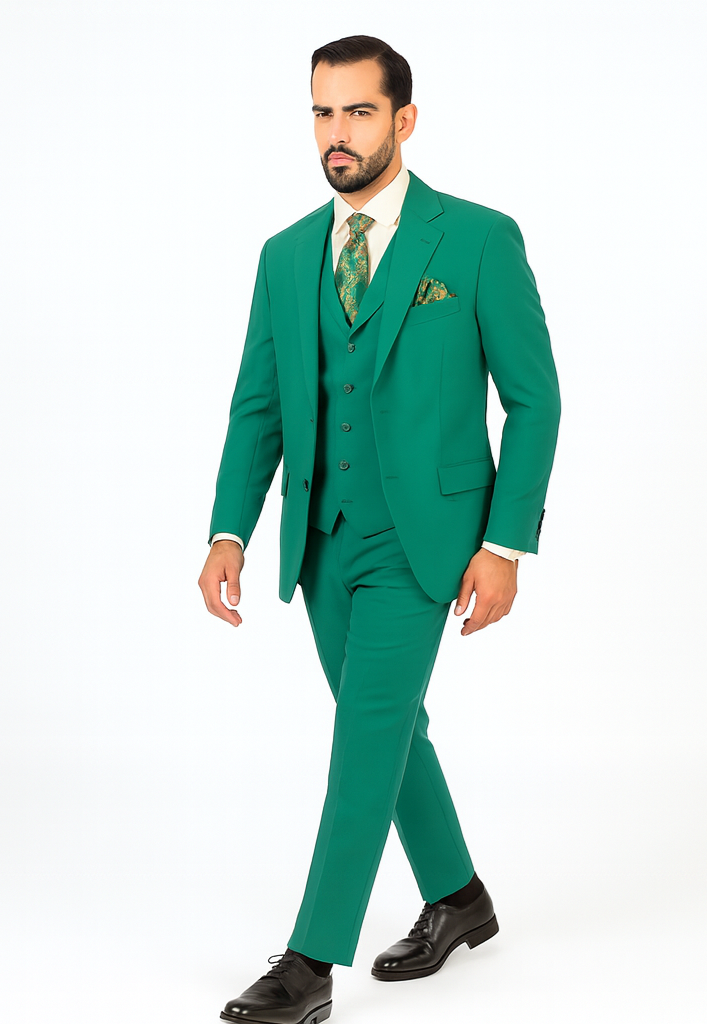 In Aguasta Green - Emerald Color Zacchi Men's 3 Piece Poplin Suit  Spring Colors & Award Winning Design