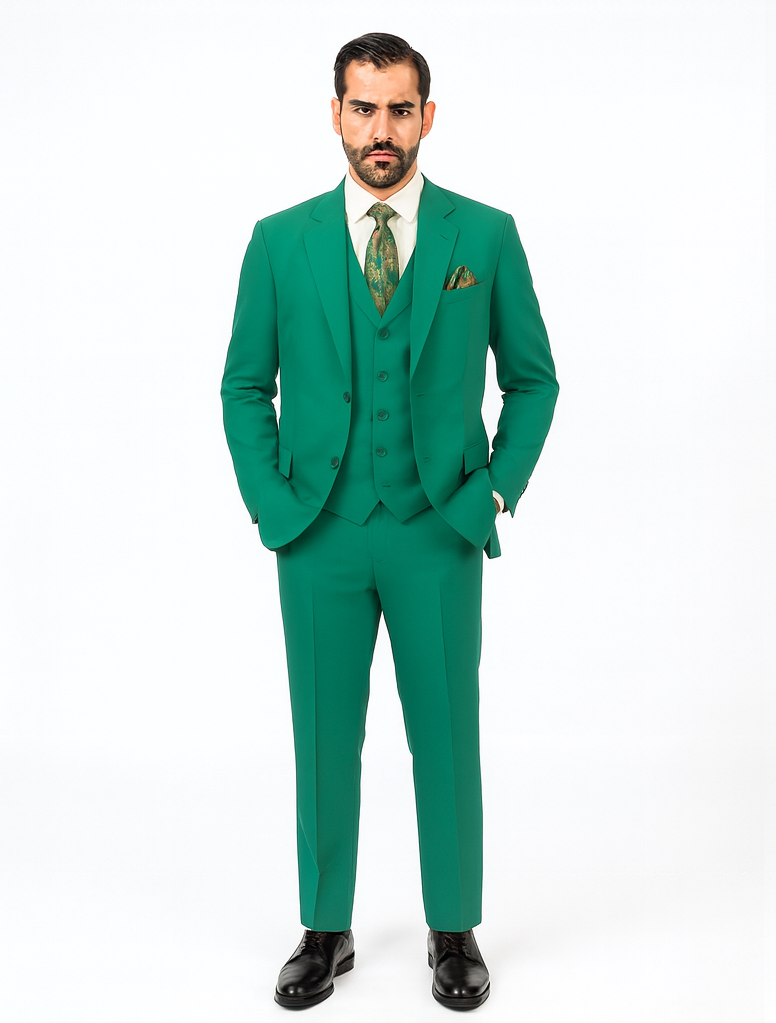 In Aguasta Green - Emerald Color Zacchi Men's 3 Piece Poplin Suit  Spring Colors & Award Winning Design
