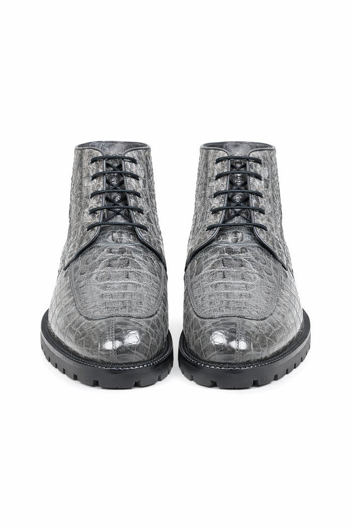 Zapatos Bot??n de Piel de Cocodrilo Caiman Lomo Original Color Gris