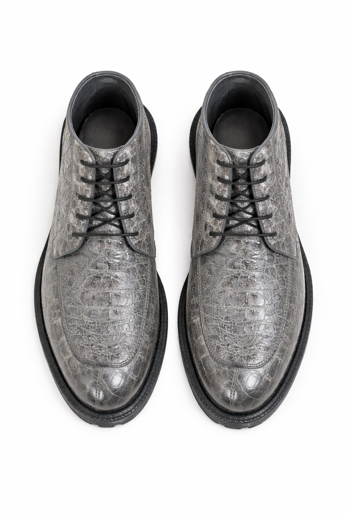 Zapatos Bot??n de Piel de Cocodrilo Caiman Lomo Original Color Gris