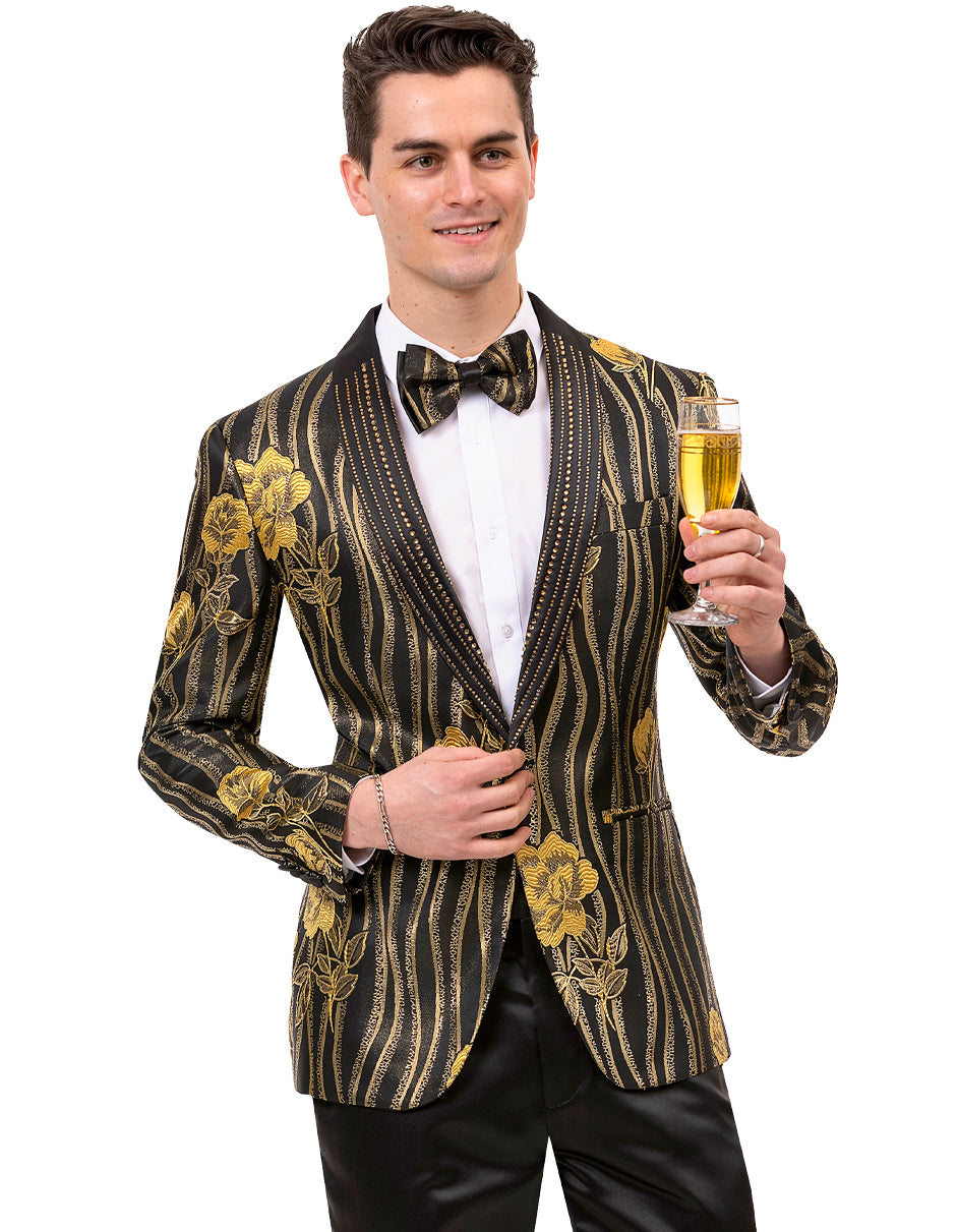 Mens Paisley Jeweled Shawl Prom Tuxedo Blazer in Black & Gold