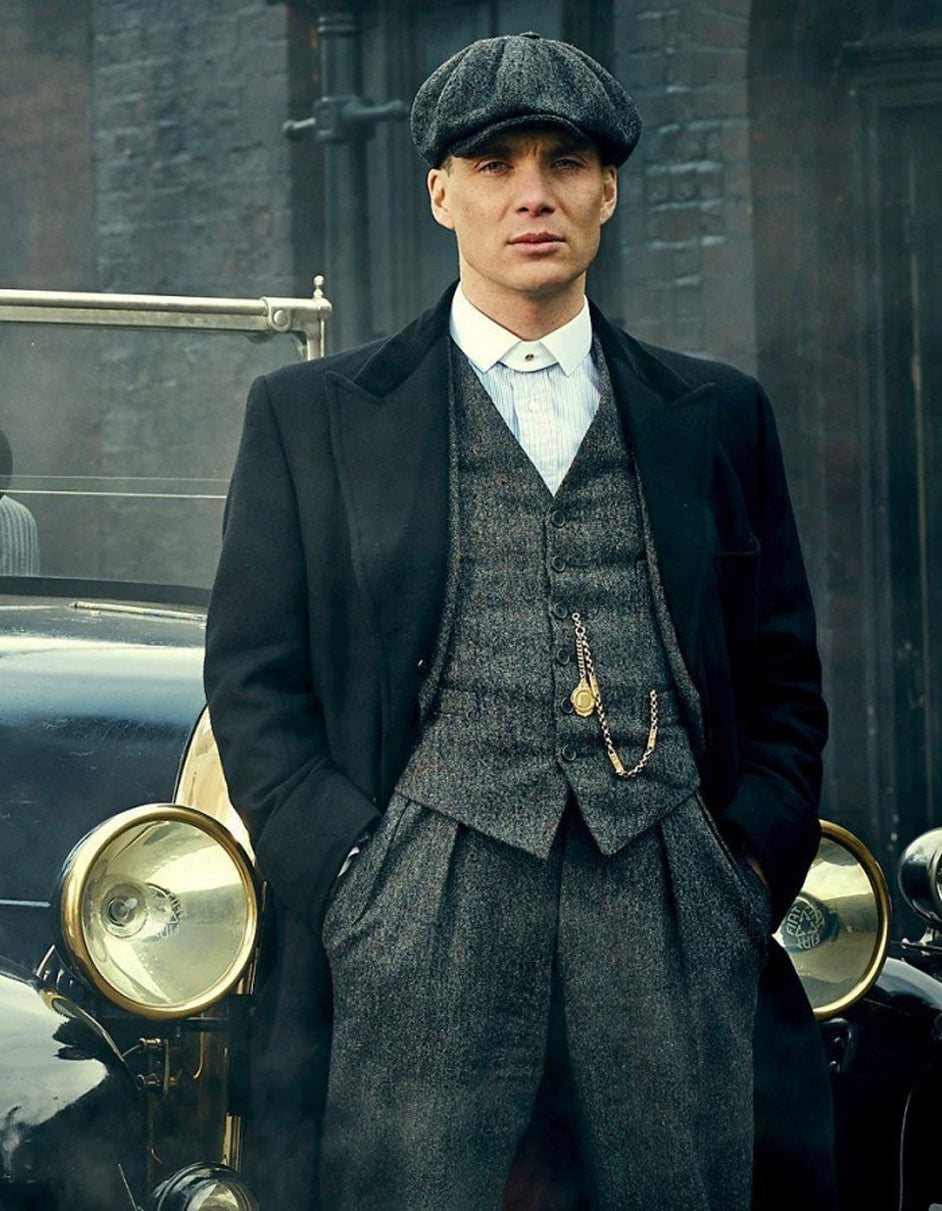 Mens Peaky Blinders Costume Thomas Shelby Grey 3 Piece Suit with Black Overcoat & Hat - Men's Tuxedo USA