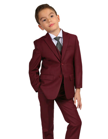 Boys Modern Fit 2 Button Vested Suit in Burgundy