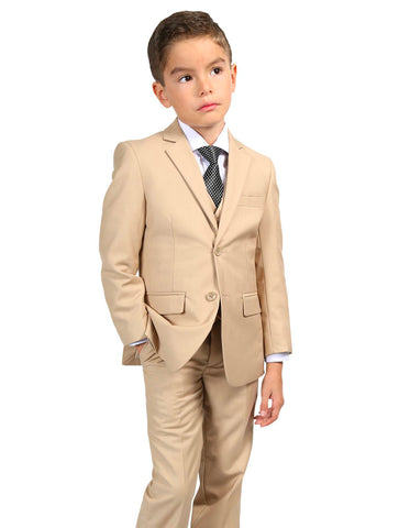 Boys Modern Fit 2 Button Vested Suit in Tan