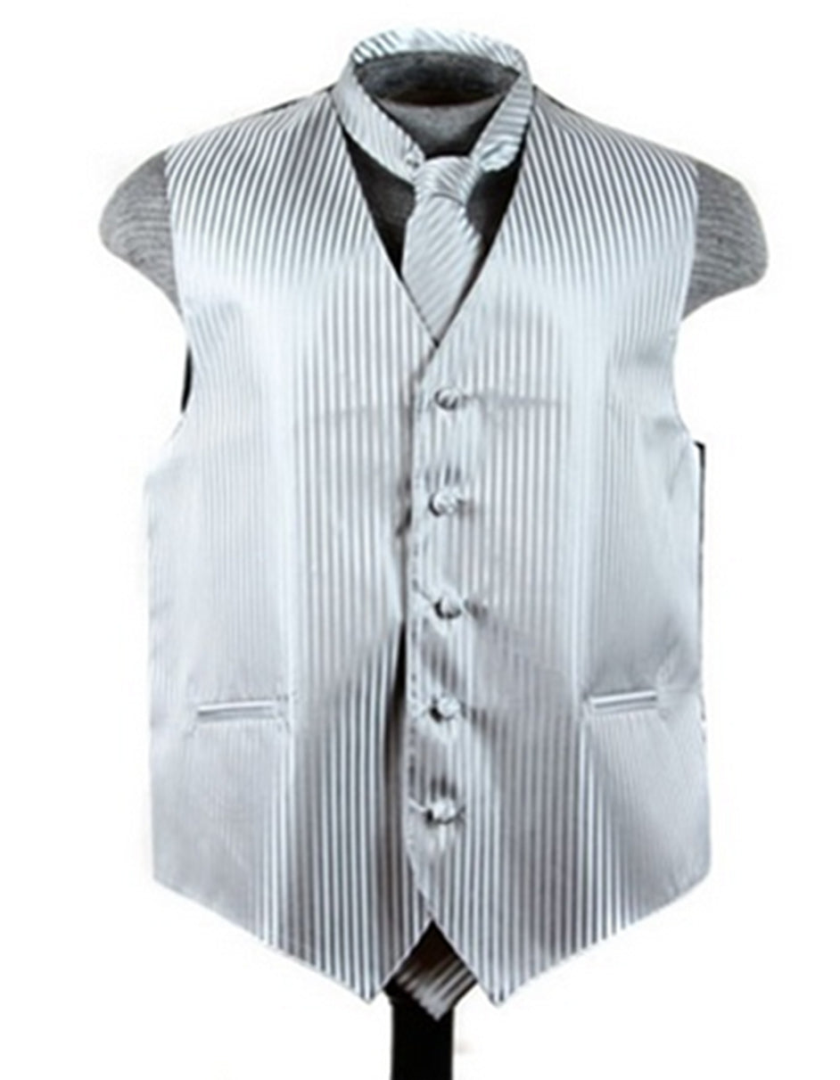 Silver Tonal Stripe Vest Set