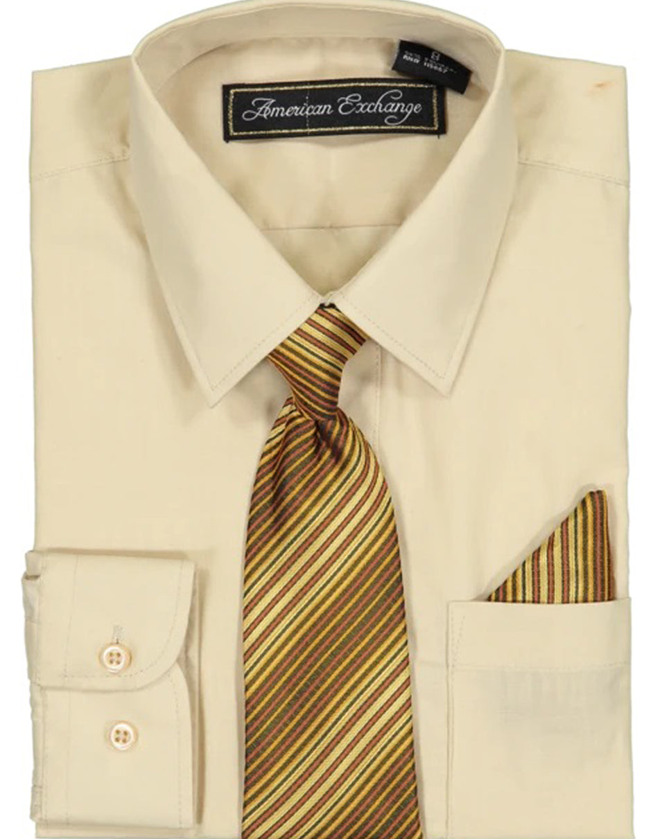 Boys Dress Shirt with Matching Tie and Hanky in  Beige