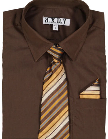Boys Dress Shirt with Matching Tie and Hanky in  Brown