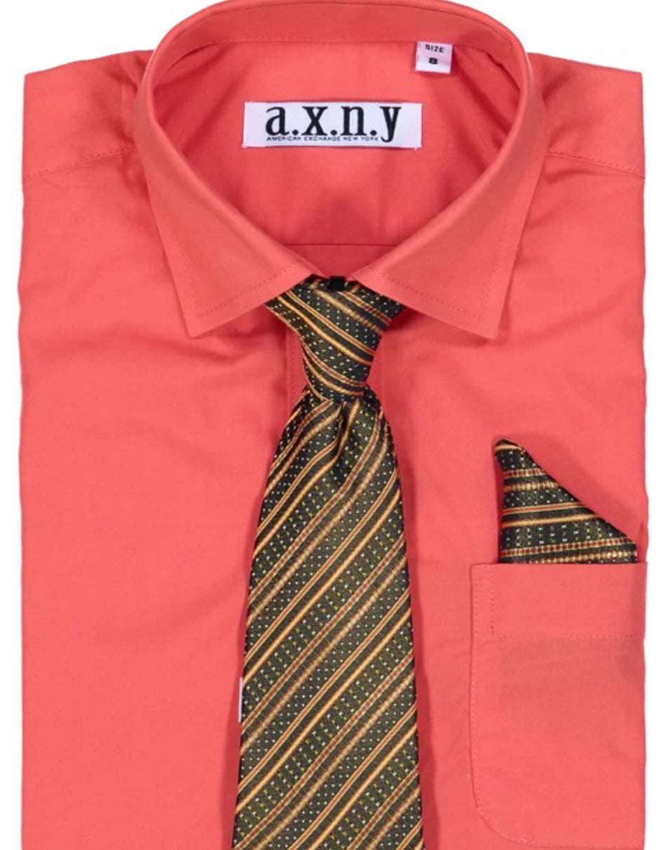 Boys Dress Shirt with Matching Tie and Hanky in  Coral