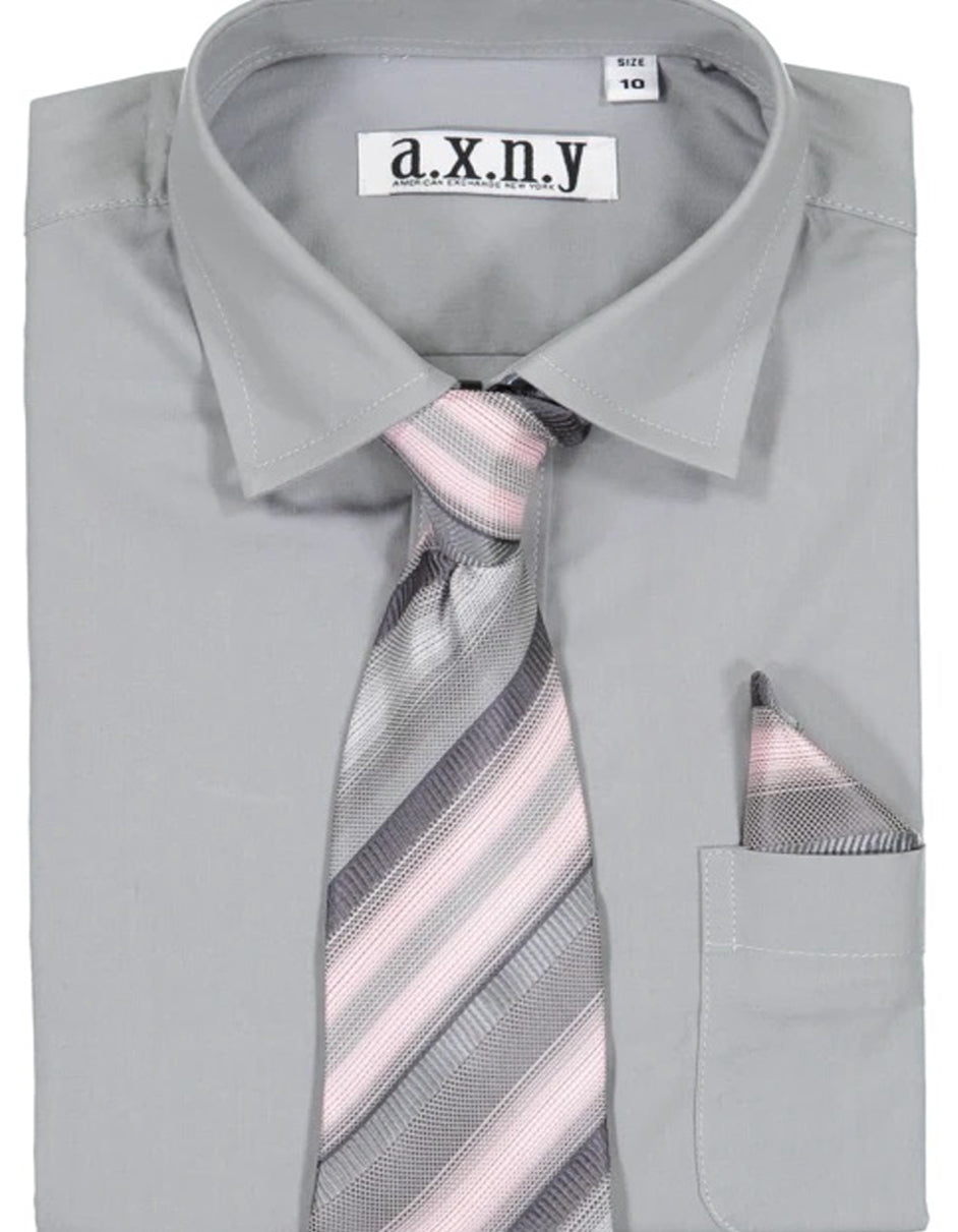Boys Dress Shirt with Matching Tie and Hanky in  Grey