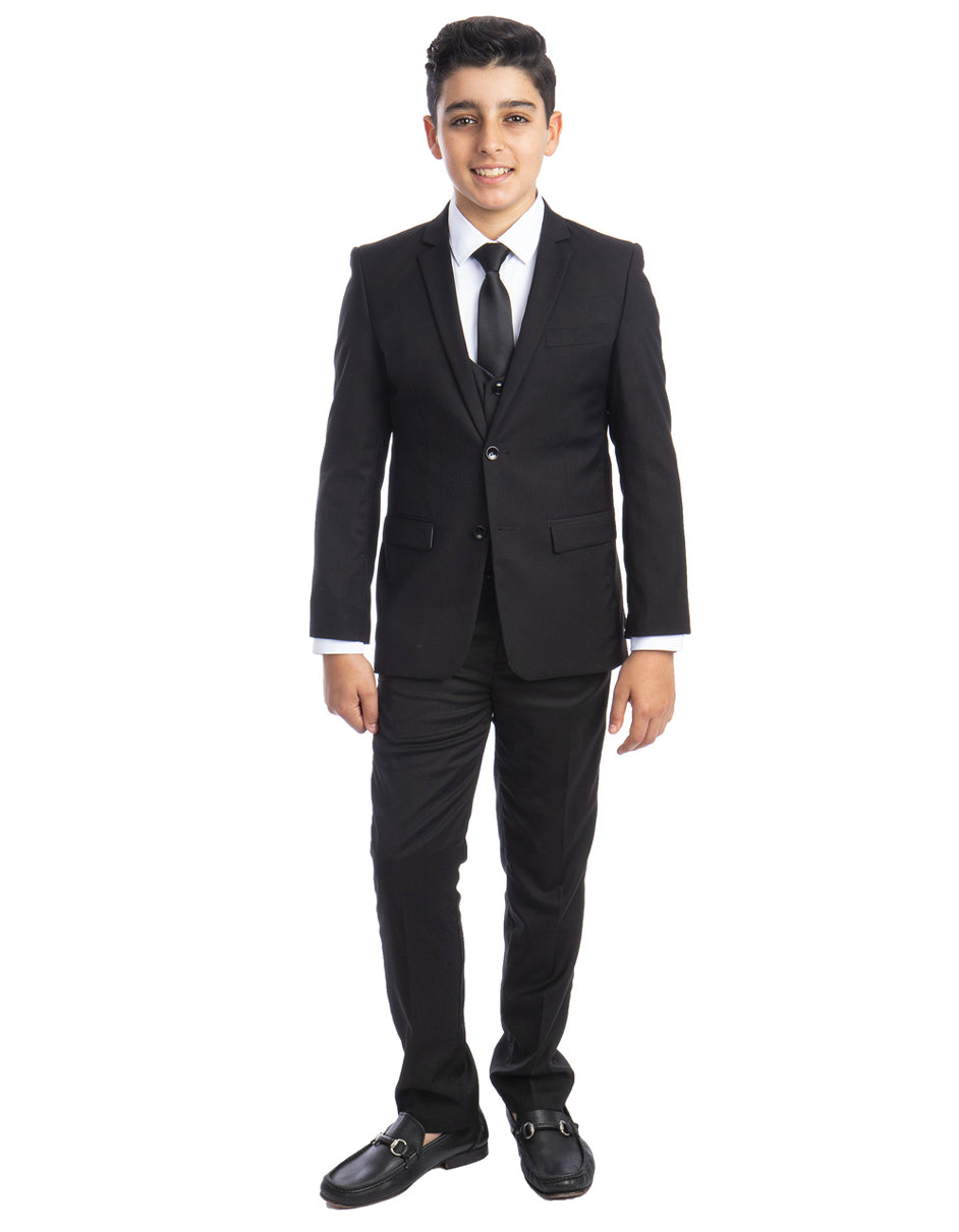 Boys Perry Ellis 2 Button Vested Wedding Suit in Black