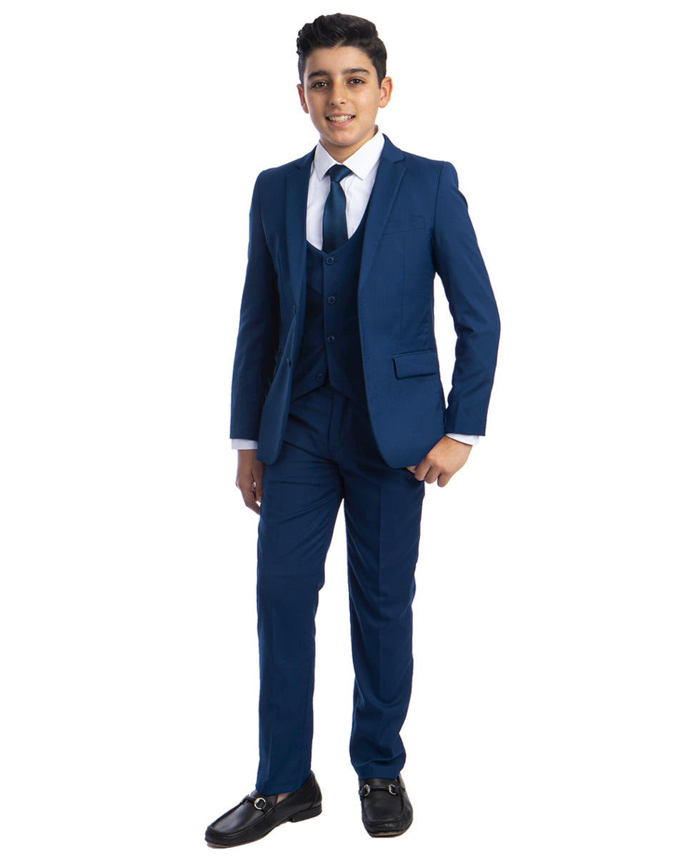 Boys Perry Ellis 2 Button Vested Wedding Suit in Indigo Blue