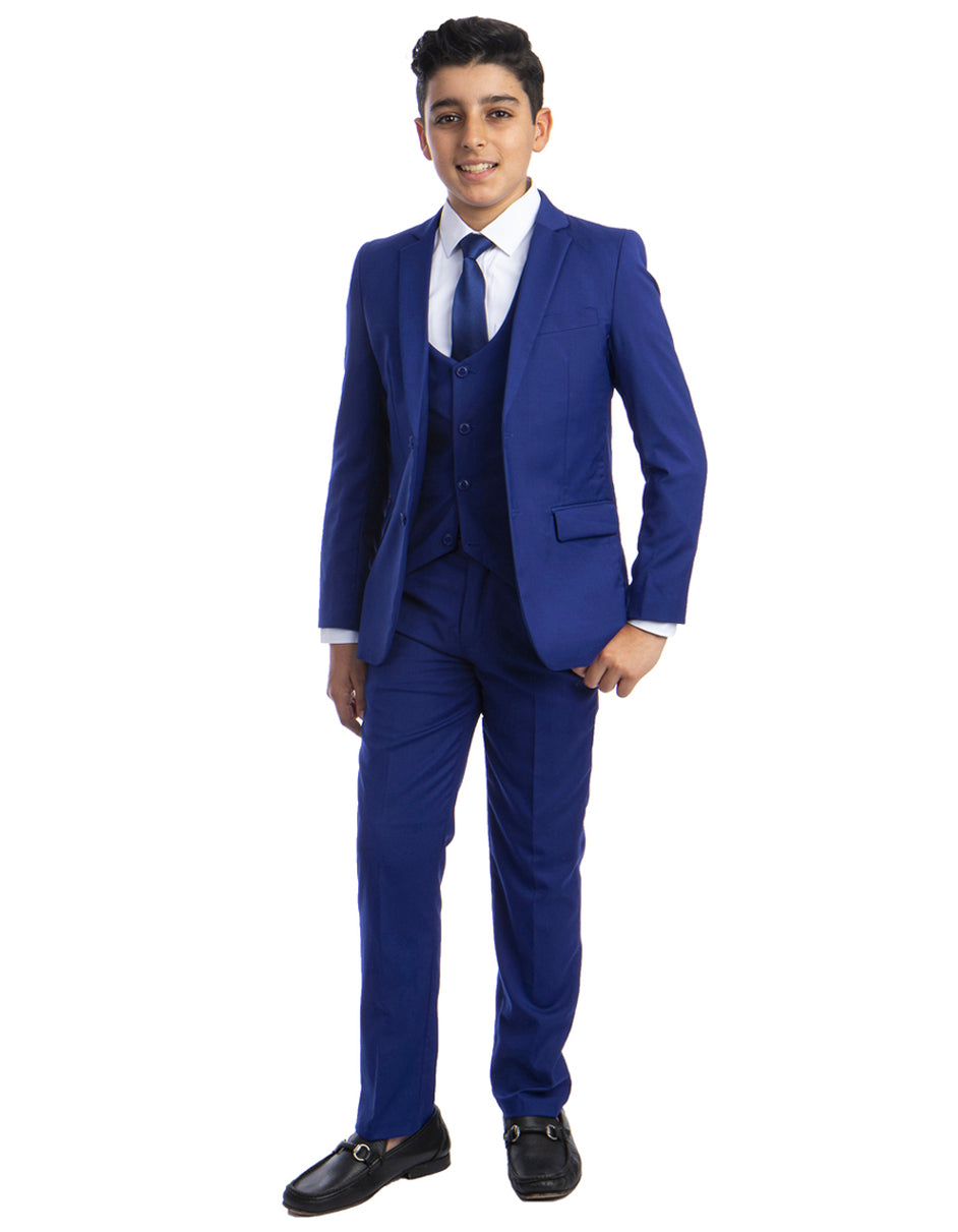 Boys Perry Ellis 2 Button Vested Wedding Suit in Royal Blue
