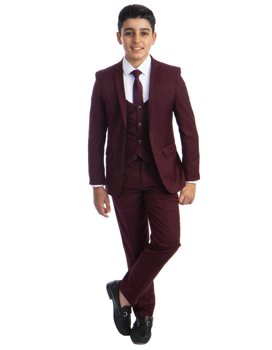Boys Perry Ellis 2 Button Vested Wedding Suit in Burgundy