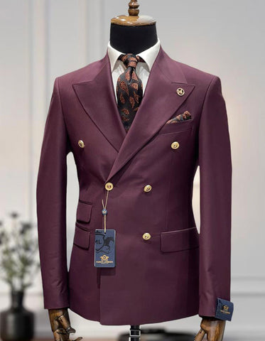 Mens Designer Modern Fit Double Breasted Wool Suit with Gold Buttons in Maroon