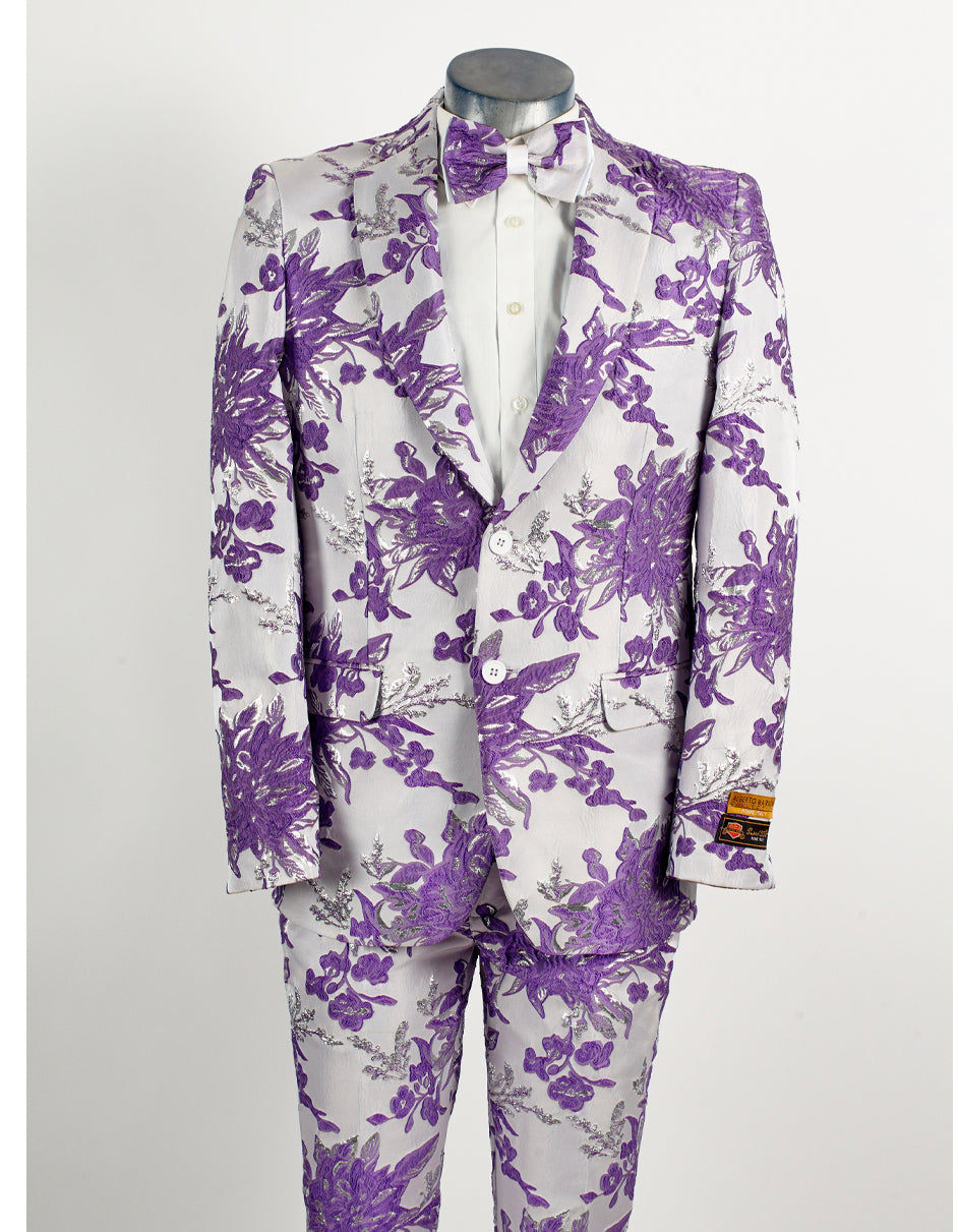 Mens 2 Button White & Lavender Purple Floral Paisley Prom and Wedding Tuxedo