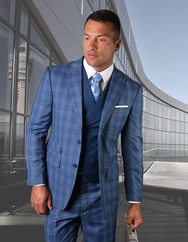 Mens 2 Button Vested Wide Peak Lapel Suit in Indigo Plaid