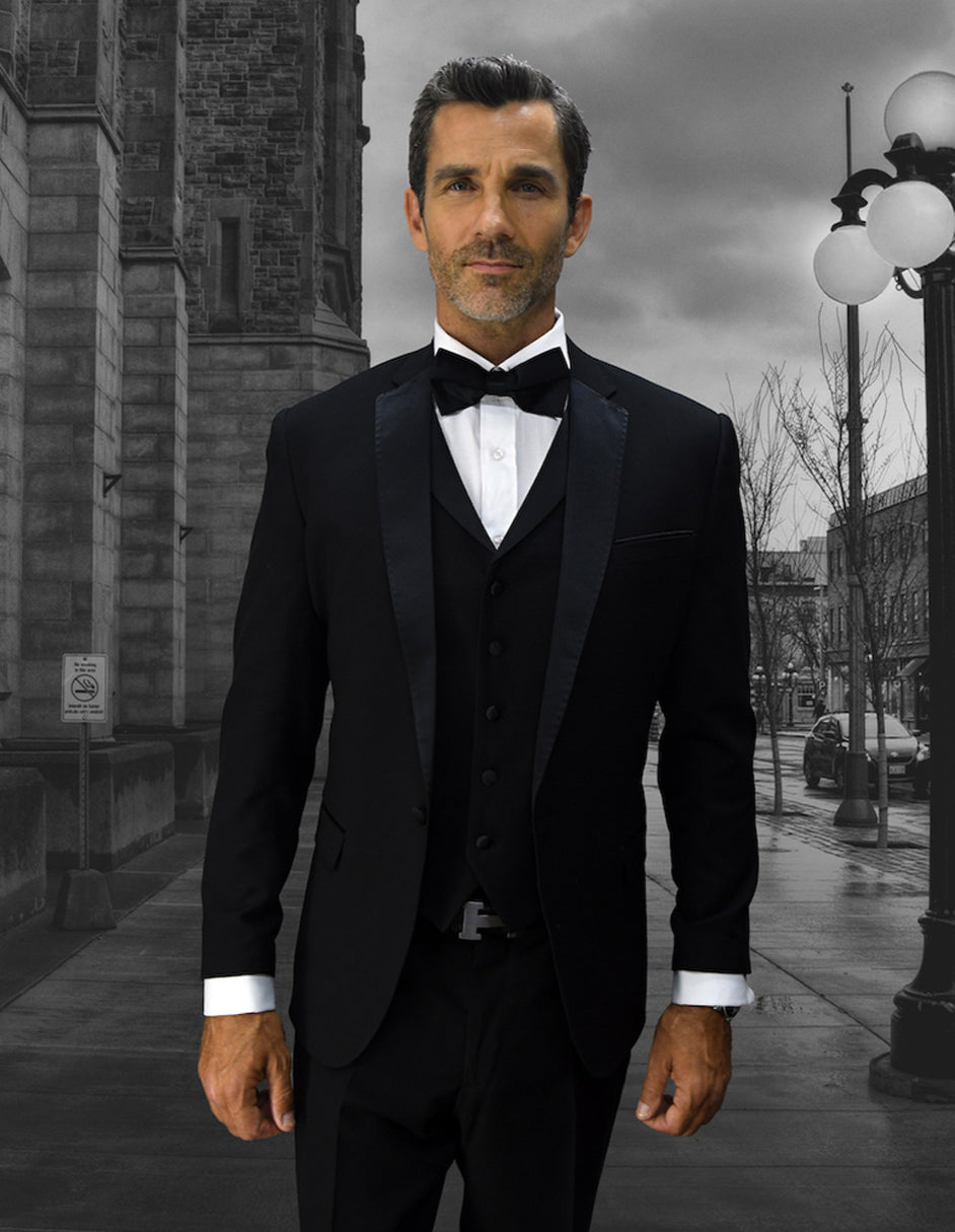 Mens Vested One Button Notch Lapel Wool Tuxedo in Black