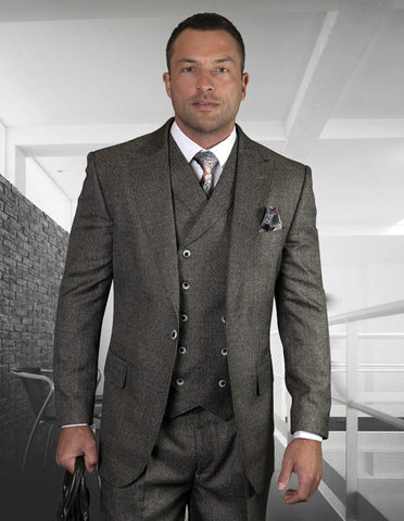 Mens One Button Wool Wide Peak Lapel Vested Pleated Pant Suit in Charcoal Grey