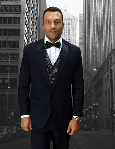 Mens Vested One Button Notch Lapel Wool Tuxedo in Navy Blue