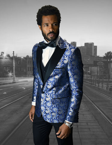 Mens Vested One Button Peak Lapel Shiny Floral Tuxedo in Royal Blue