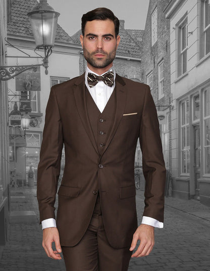 Mens 2 Button Skinny Vested Wool Suit in Brown - Men's Tuxedo USA