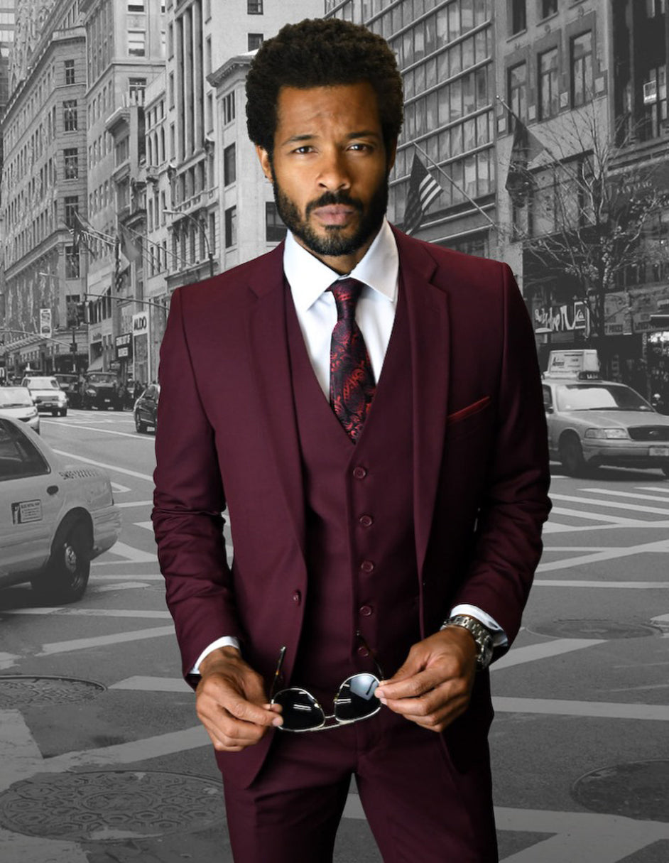 Mens 2 Button Skinny Vested Wool Suit Burgundy